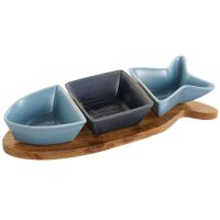   Röviditalos Szett Home ESPRIT Kék Tengerészkék Porcelán Akácfa Hal Mediterrán 28 x 9,7 x 1,3 cm 4 Darabok MOST 18400 HELYETT 11013 Ft-ért!