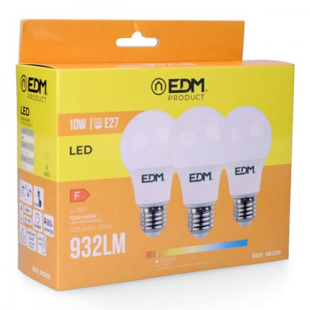 Pack of 3 LED bulbs EDM F 10 W E27 810 Lm Ø 6 x 10,8 cm (3200 K) MOST 6551 HELYETT 3679 Ft-ért!