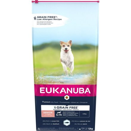 Takarmány Eukanuba  Grain Free Senior small/medium breed idősebb Hal 12 kg MOST 47288 HELYETT 35584 Ft-ért!